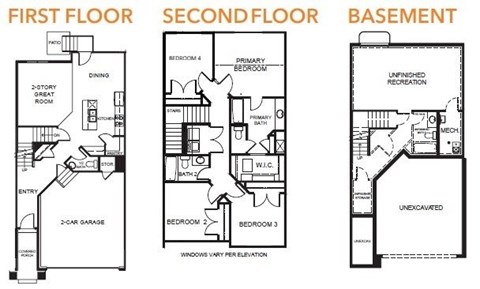 A set of three floor plans for a house showing the first floor, second floor and basement.